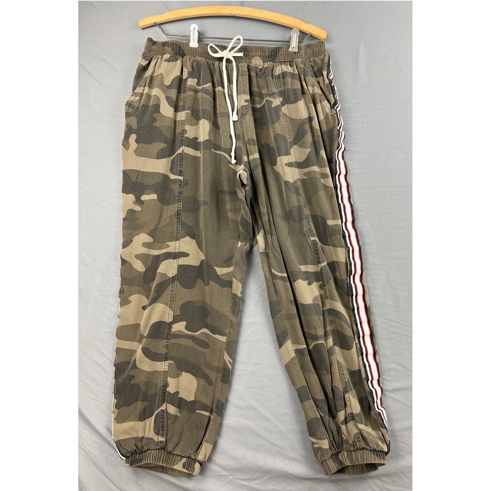 Mystree Jogger Pants Women Large Camo Green Side Stripe Drawstring Casual Good